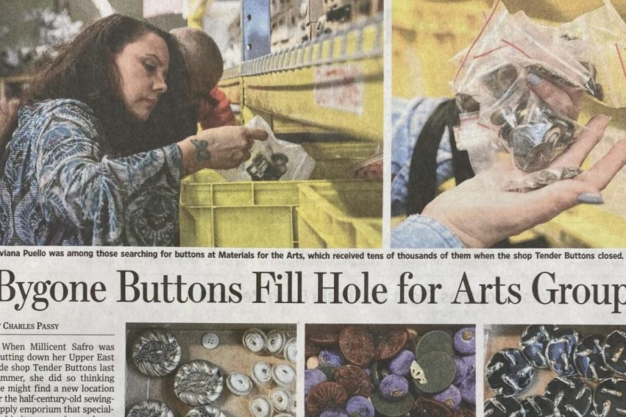 Image of the newspaper clipping of the "Bygone Buttons Fill Hole for Arts Groups" story in the Wall Street Journal. In the clipping there is a photo of a man and a woman looking through the bins at Materials for the Arts for buttons. THere are also upclose pictures of vintage buttons in the Materials for the Arts warehouse.