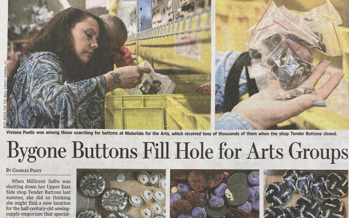 Image of the newspaper clipping of the "Bygone Buttons Fill Hole for Arts Groups" story in the Wall Street Journal. In the clipping there is a photo of a man and a woman looking through the bins at Materials for the Arts for buttons. THere are also upclose pictures of vintage buttons in the Materials for the Arts warehouse.